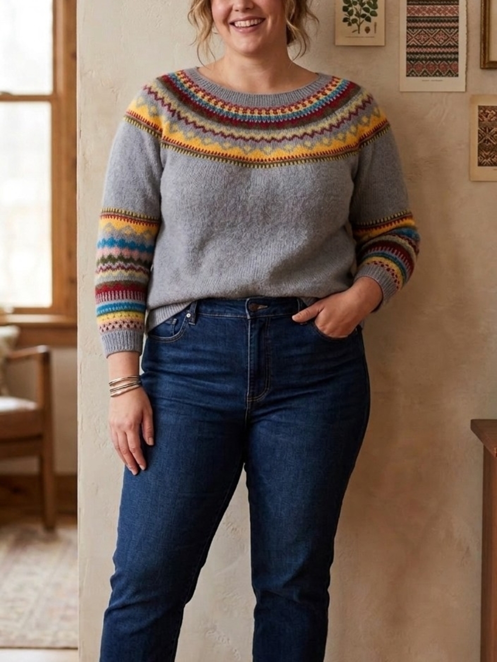 Women's Gray Fair Isle Yoke Sweater with Multicolor Accents